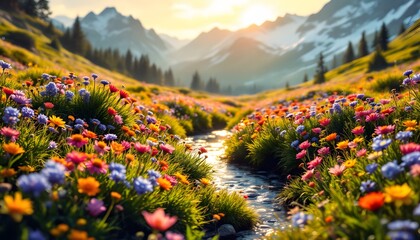 A serene alpine meadow bursting with vibrant wildflowers and a gentle stream under the warm sunset- conveying peace and natural beauty, perfect for travel or nature related content