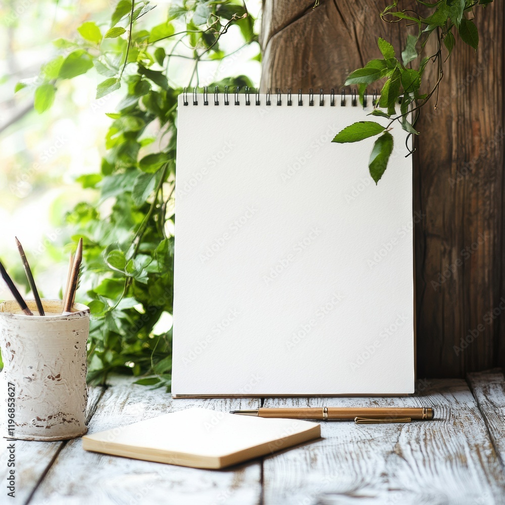 Leinwandbilder blank notebook on wooden table with greenery for creative writing and design mock up opportunities. 