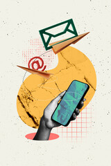 Vertical art banner collage of hand hold phone device paper plane message send receive app...