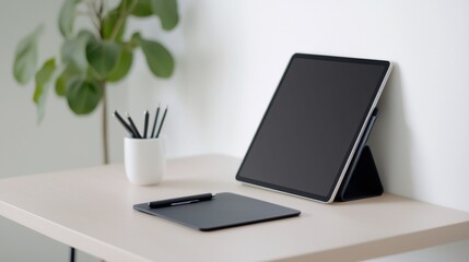 A black tablet sits on a desk next to a pencil and a small white notebook
