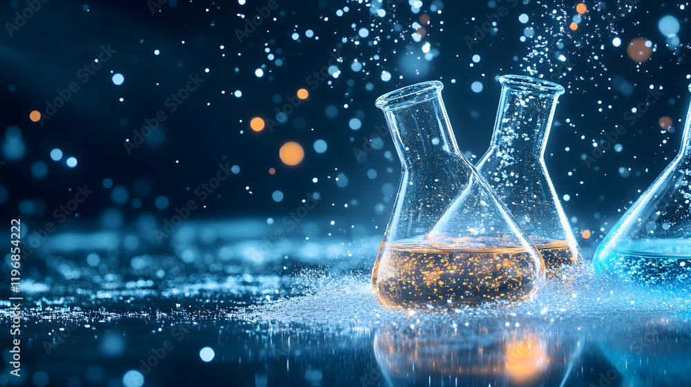 Poster two laboratory flasks are surrounded by sparkling droplets, capturing a scientific and dynamic atmos