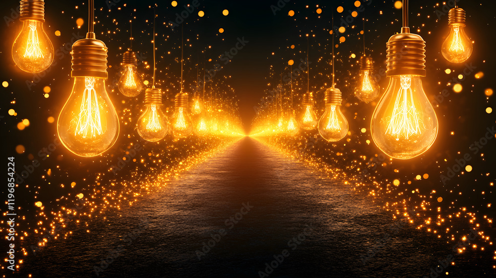 Aufkleber a mesmerizing pathway illuminated by glowing light bulbs, creating a warm, enchanting atmosphere wit