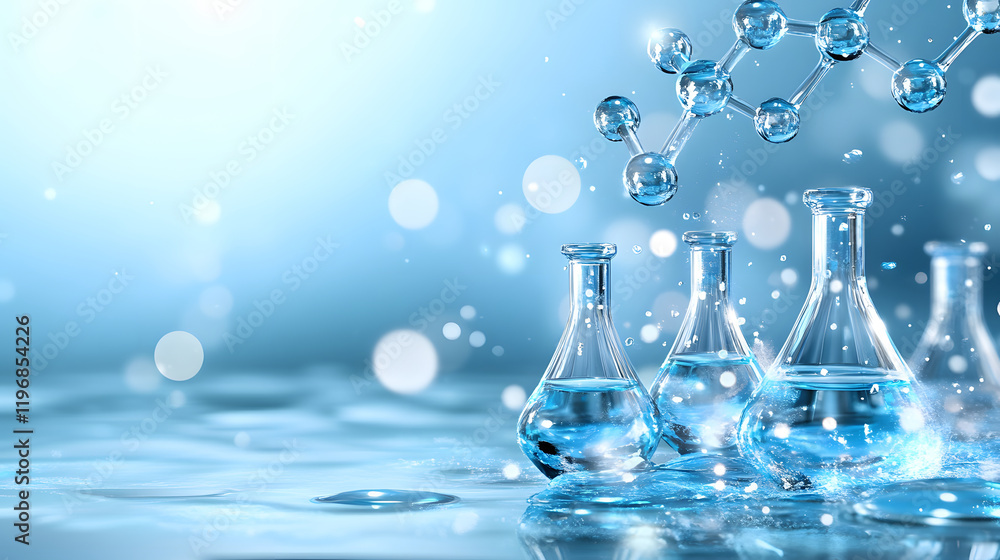 Poster the image depicts laboratory glassware filled with clear liquid, surrounded by water droplets and a 