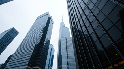 Obraz premium Precise architectural color photography of Toronto's Financial District skyscrapers during a soft rain. The image will highlight reflective surfaces, sharp lines 