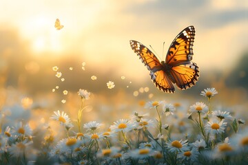 Majestic Butterfly in a Serene Daisy Field at Sunset - Nature's Beauty and Tranquility