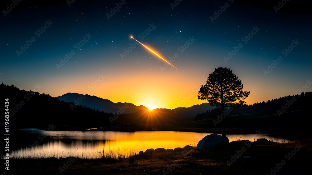 Poster a serene sunset over a lake, featuring a silhouette of a tree and a comet streaking across the night