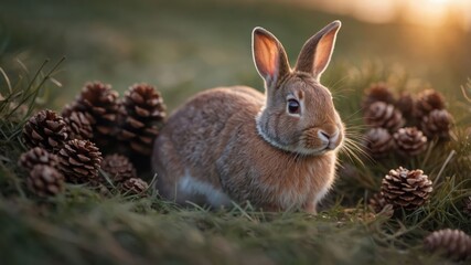 Fototapeta premium A rabbit sits among pinecones in a grassy field during golden hour.