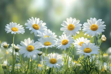 Fototapeta premium Tranquil Summer Garden with Blooming Daisies Under Soft Sunlight