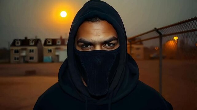Male gangster wearing a black face mask and a dark hoodie, standing in a deserted lot, the moonlight illuminating his face
