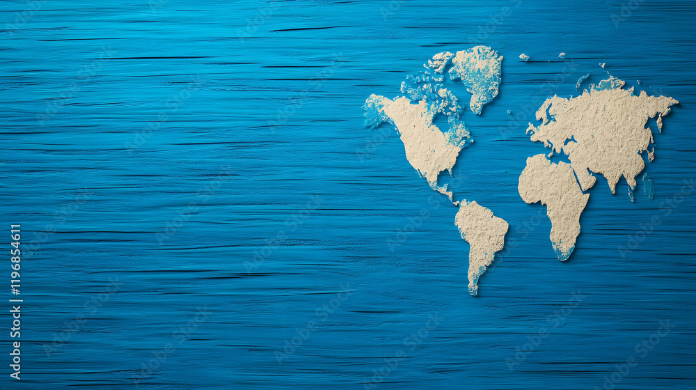 Poster a minimalist world map design in pale color against a textured blue background, symbolizing global c