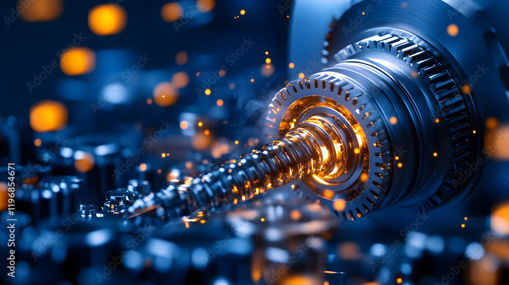 Poster A close-up of a spinning drill bit in a machine, surrounded by sparks and intricate mechanical components, showcasing industrial precision and technology