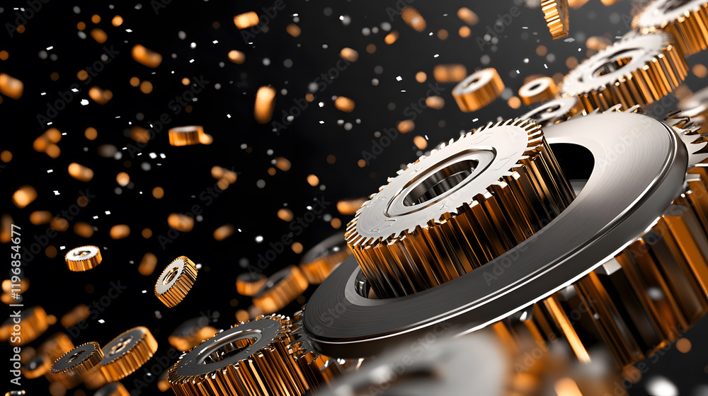 Poster a dynamic image of metallic gears and cogs, suspended in mid-air with a dark background, showcasing 