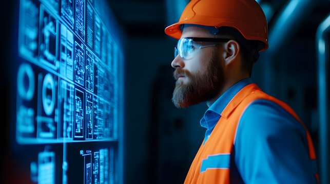 Digital insights engineer analyzing data in high-tech industrial space