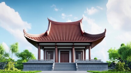 Fototapeta premium Traditional Asian Architecture with Red Roof and Blue Sky Background