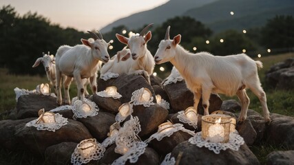 Fototapeta premium Goats on rocks surrounded by decorative lights and lace doilies at sunset.