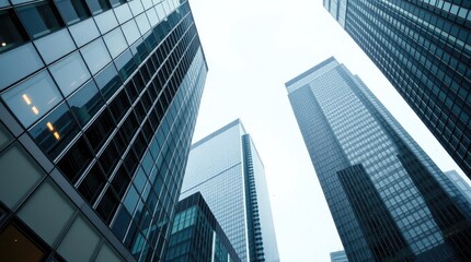 Obraz premium Precise architectural color photography of Toronto's Financial District skyscrapers during a soft rain. The image will highlight reflective surfaces, sharp lines 