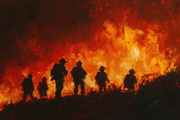 Fototapeta premium Silhouetted Firefighters Against Fiery Background