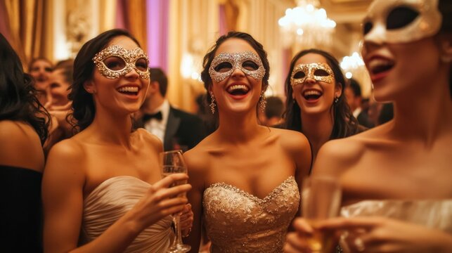 Masked New Year celebration, festive party, glamorous women, joyous gathering, sparkling lights.