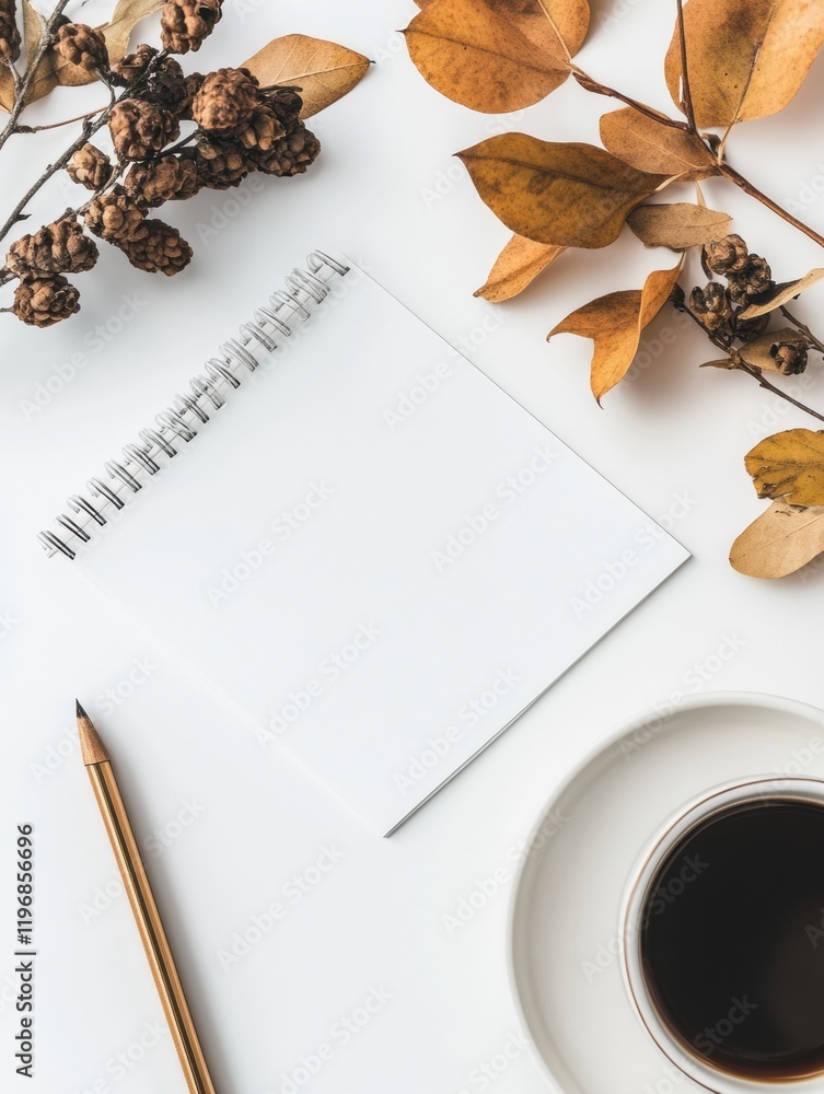 Poster blank notebook with pencil and coffee cup surrounded by autumn leaves on a white surface ready for c