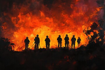 Fototapeta premium Silhouetted Firefighters Against Fiery Background