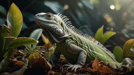 Fototapeta premium A close-up of a green lizard among lush foliage, showcasing its vibrant colors and textures.