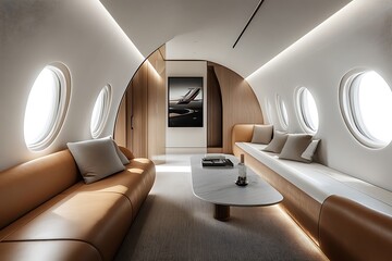 Luxurious Private Jet Interior Lounge  with Leather Seating