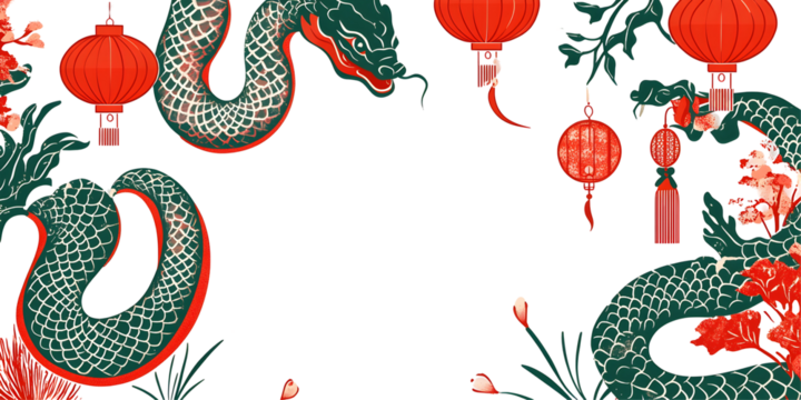 Mythical Serpent and Red Lanterns on Black Background