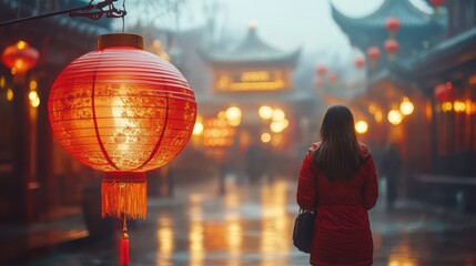 Tranquil Stroll Through Lantern-Lit Streets.  A woman, dressed in red, walks through a quaint, lantern-lit alleyway in the midst of a gentle rain, creating a captivating sense of wonder and serenity.