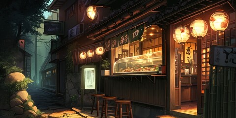 Obraz premium Enchanted Japanese Restaurant Alley at Night . Anime style