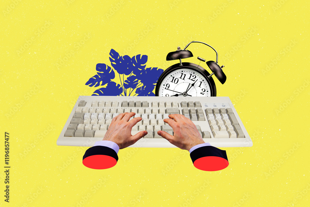 Poster trend template sketch design 3d photo collage of anonymous hand hold obsolete keyboard write type cl