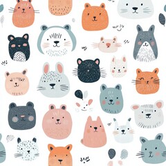 Playful collection of cute animal faces in pastel colors on a white background creating a cheerful design for kids. Generative AI