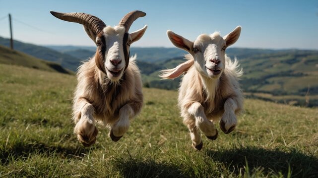 Two playful goats leaping joyfully across a grassy landscape under a clear blue sky. - Powered by Adobe