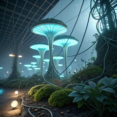 Glowing Bioluminescent Plants: Organic Futuristic Fantasy red eco dark blue neon light night flora  