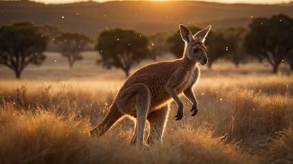 A kangaroo gracefully hops through golden grass at sunset, showcasing wildlife in nature.
