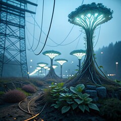 Glowing Bioluminescent Flora: Organic & Futuristic Plant Life dark neon blue light night magic green