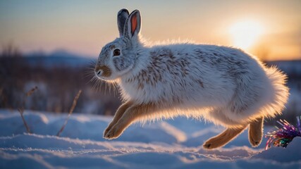 Obraz premium A snow-covered landscape with a rabbit leaping gracefully at sunset.