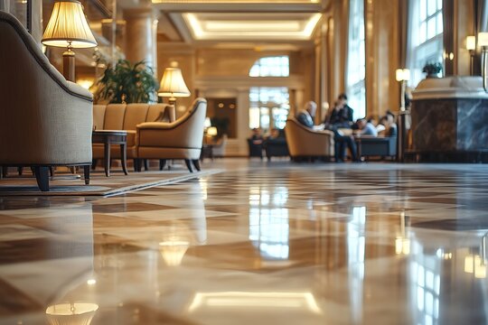 Luxury hotel lobby, marble floor, comfortable armchairs, guests