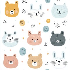 Obraz premium Cute animal faces pattern featuring playful designs in pastel colors and cheerful expressions for kids room decor. Generative AI