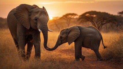 Naklejka premium A serene sunset scene featuring an adult elephant and a calf in a grassy landscape.
