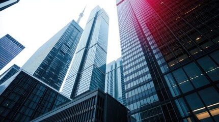 Obraz premium Precise architectural color photography of Toronto's Financial District skyscrapers during a soft rain. The image will highlight reflective surfaces, sharp lines 