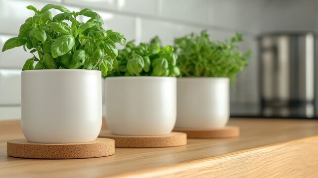 Three white potted plants sit on a wooden countertop - Powered by Adobe