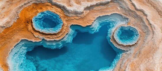 Aerial view of turquoise water pools in a rocky landscape.