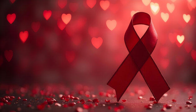 Lazo rojo con corazones de fondo. S&iacute;mbolo contra el sida