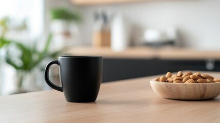 Fototapeta premium A black coffee mug sits on a wooden table next to a bowl of almonds