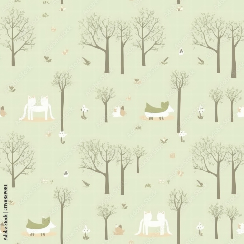 Poster whimsical forest pattern featuring animals and trees on a soft pastel background. generative ai