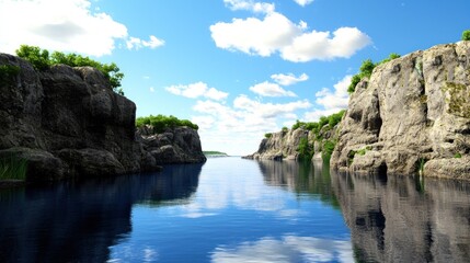 Obraz premium Serene river canyon, sunny day, peaceful scene, nature background, travel imagery