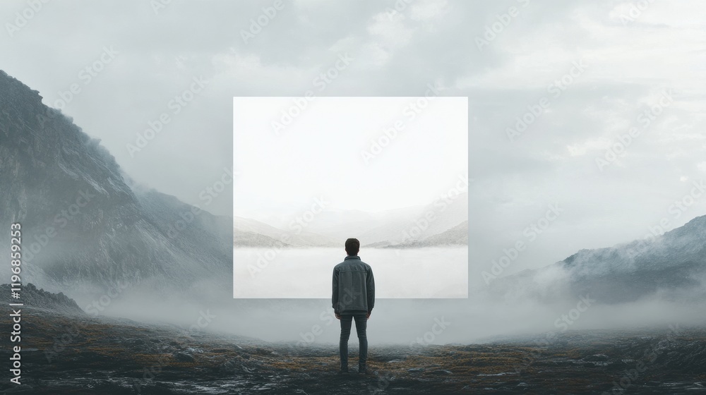 Aufkleber Contemplation in the misty landscape with a blank square for creative expressions. Generative AI