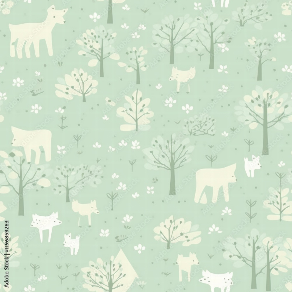 Poster nature inspired pattern with forest animals and trees in soft green tones for creative projects. gen