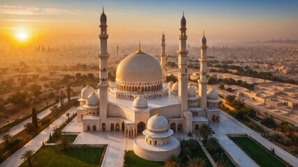 Obraz premium The appearance of a mosque, a place of worship for Muslims in Arabia, seen from the front. With a magnificent architectural design