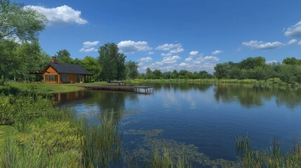 Obraz premium Tranquil lakeside scene with a cabin and lush greenery.